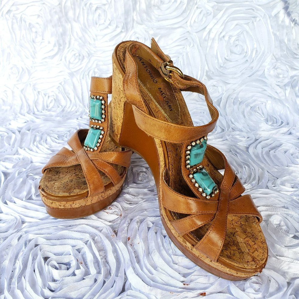 ANTONIO MELANI FAUX TURQUOISE STRAPPY PLATFORM LEATHER CORK WEDGE Size 7.5 M